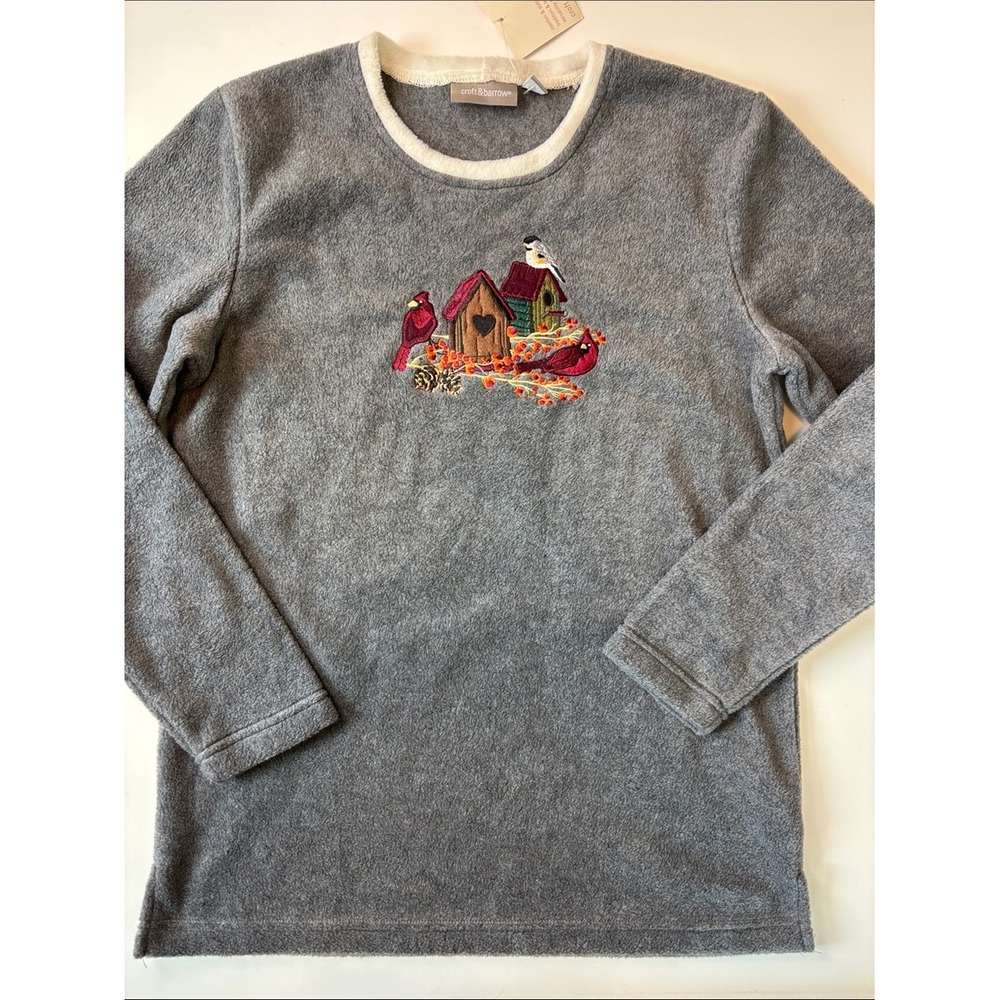 NEW Croft & Barrow Birds Cardinal Birdhouse Fleece Pullover Grey Embroidered - Picture 3 of 7